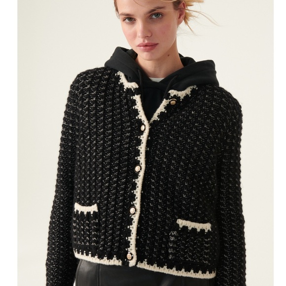 SWEATER- BA&SH Black & White Knit Cardigan - Picture 5 of 7